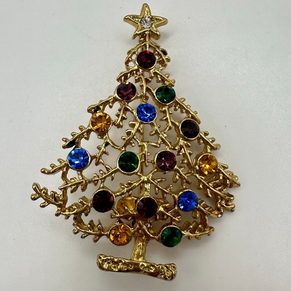 Eisenberg Ice vintage gold tone multicolor rhinestones Christmas tree brooch - Picture 3 of 8